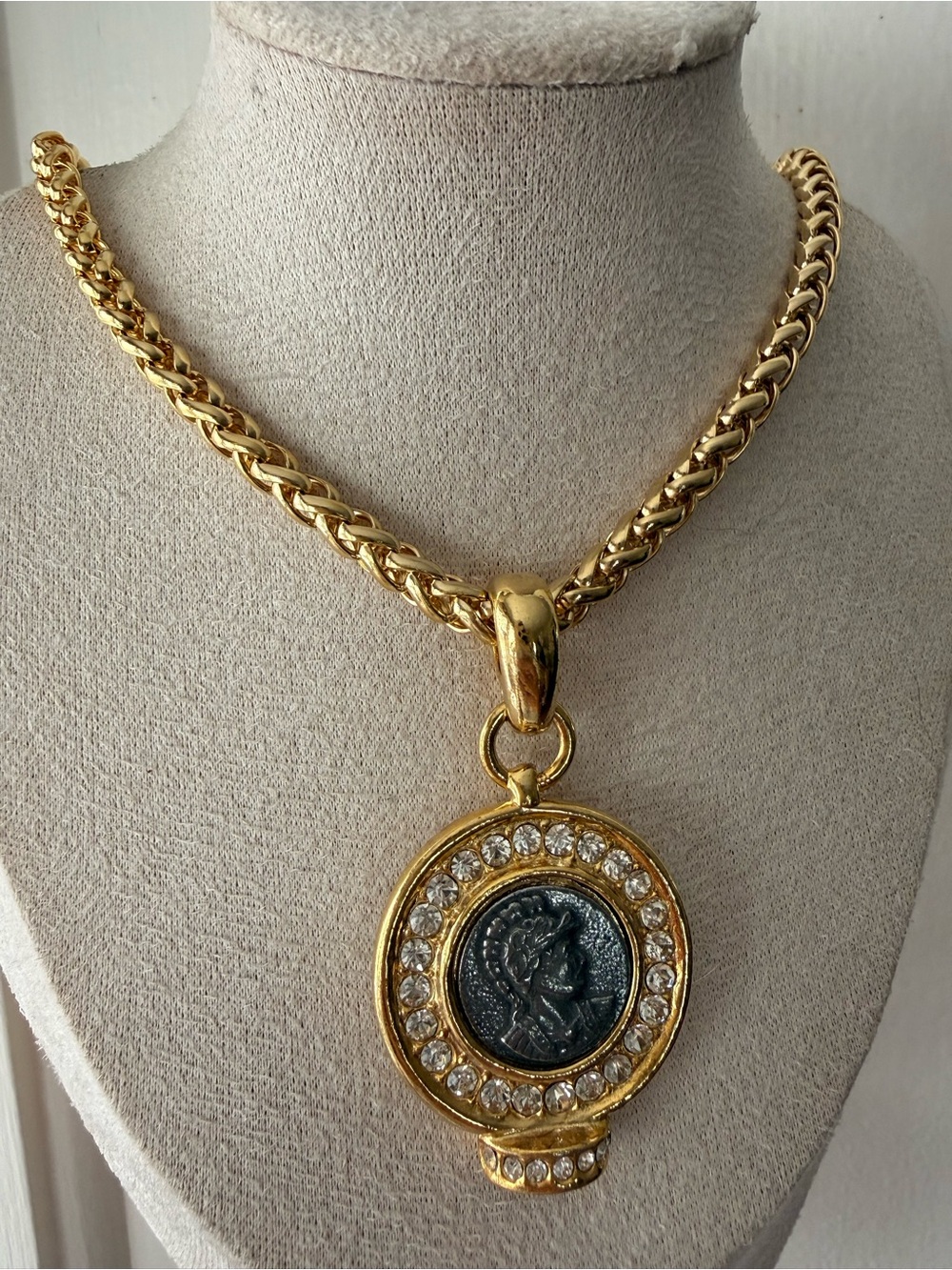 Vintage Gold-Tone Coin Pendant Necklace with Crystal Halo